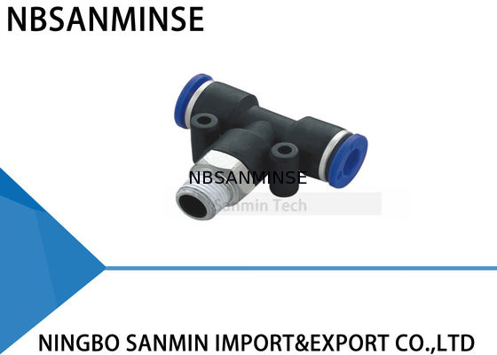 PT พลาสติกชายสาขาทีฟิตติ้งนิวเมติกผลักดันในอุปกรณ์เชื่อมต่อเครื่อง