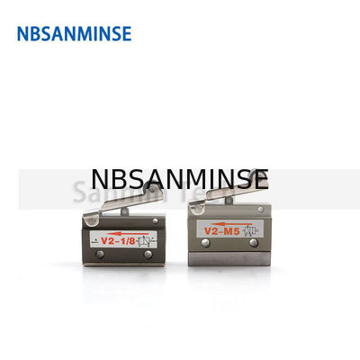 NBSANMINSE V2-M5 V2-1/8 2/2 Way Air Mechnical ควบคุมวาล์วนิวเมติกวาล์วลูกกลิ้งสองทางอัตโนมัติสาย