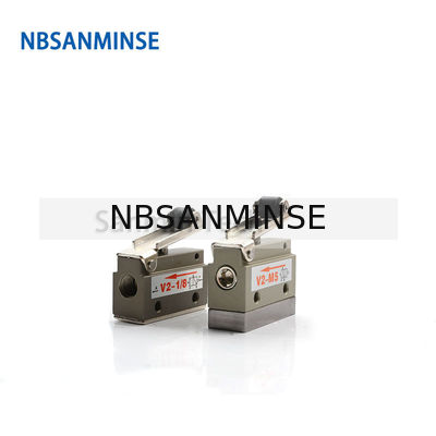 NBSANMINSE V2-M5 V2-1/8 2/2 Way Air Mechnical ควบคุมวาล์วนิวเมติกวาล์วลูกกลิ้งสองทางอัตโนมัติสาย